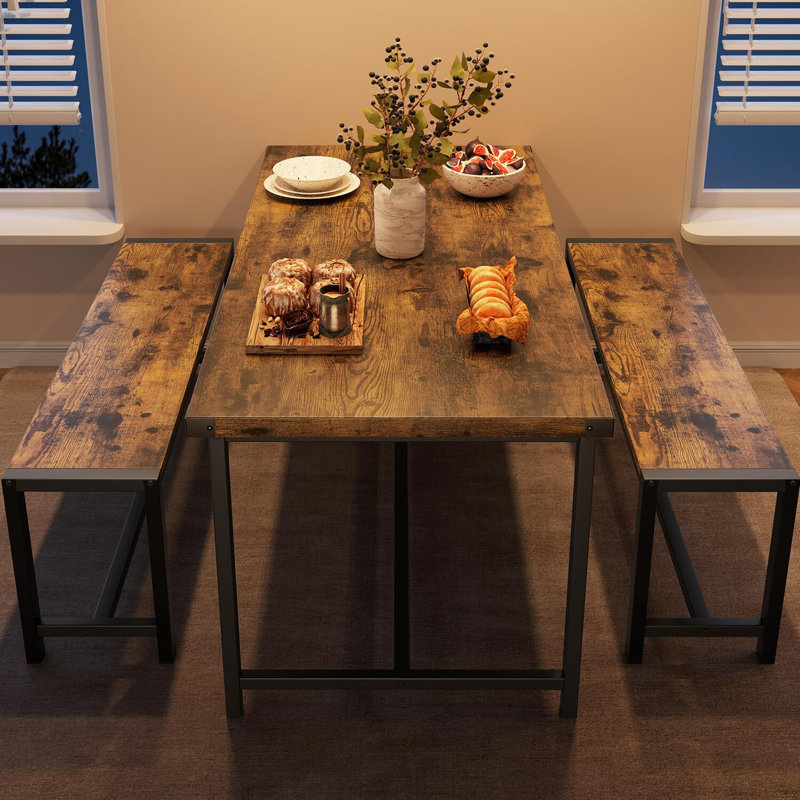 Gray Metal and MDF 3-Piece Dining Table Set with Upholstered Benches