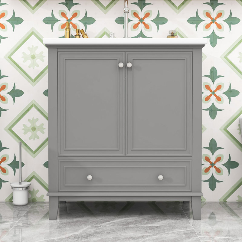 Meuble-lavabo simple autoportant 30 po avec plateau en céramique Nistance, Gris