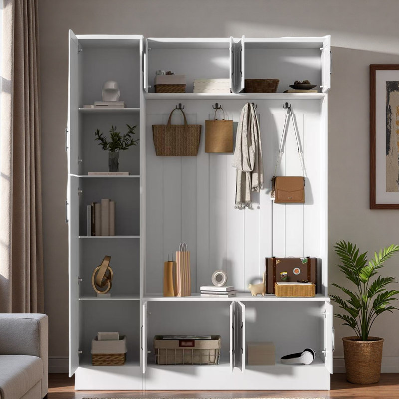 4-in-1 Tall Modern Hall Tree With Shoe Storage,  Cabinets, Coat Hooks, Metal Handles And Adjustable Shelves, White