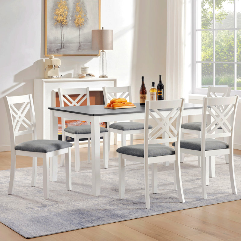 Modern 7-Piece Solid Wood Dining Set with 6 Upholstered Chairs – Two-Tone Rectangular Table for 6, Space-Saving Kitchen & Dining Room Set, Easy Assembly