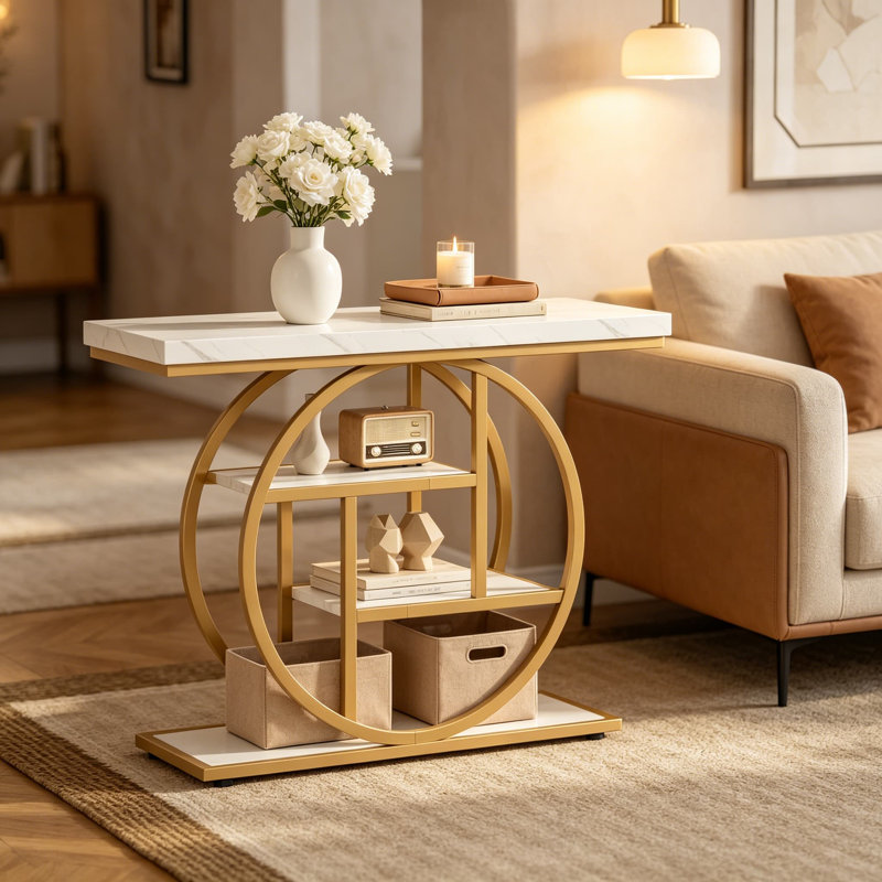 Console industrielle 41,3 po avec rangement à 4 niveaux, base circulaire, canapé d'entrée étroit, décor blanc et or