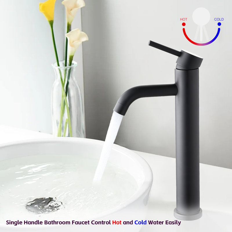 Robinet de salle de bain haut - acier inoxydable, 1 trou, noir mat, évier élégant avec fonction pratique, acier, Noir mat