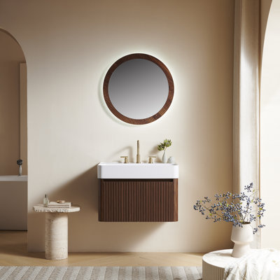 Meuble-lavabo LORAN 30 avec lavabo intégré, meuble de rangement suspendu, lavabo intégré en surface solide blanche brillante avec 3 trous prépercés pour robinetterie, démonté, robinetterie et bonde non inclus, couleur noyer.