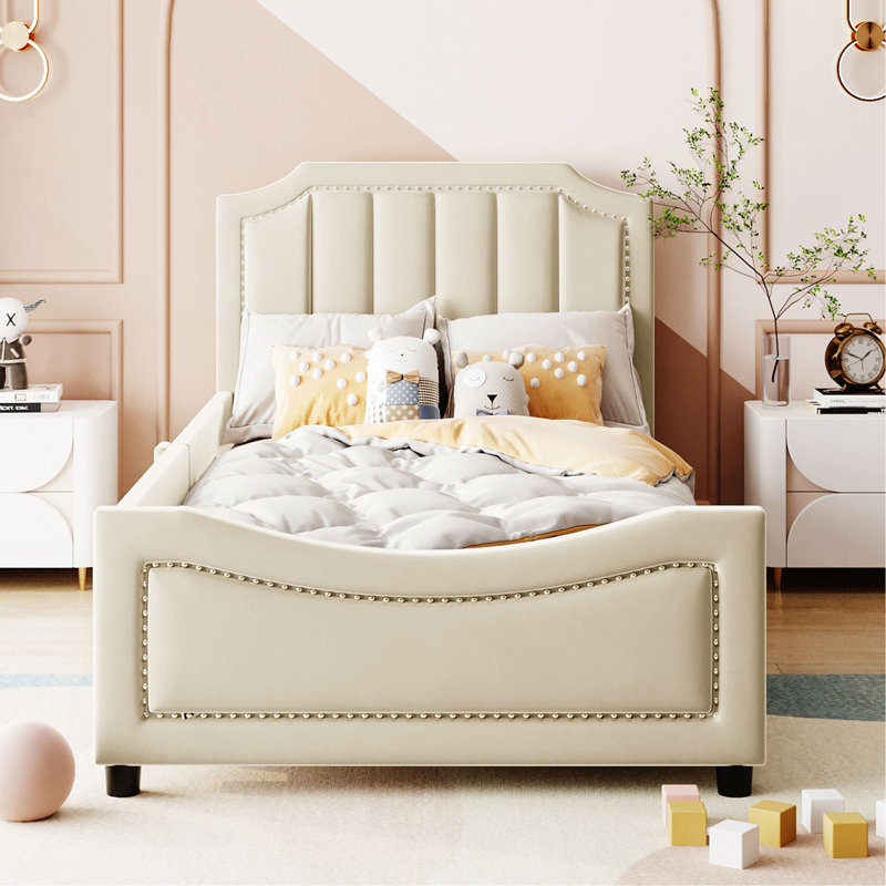 Lit de jour simple rembourré avec tête de lit à rayures classique, Beige