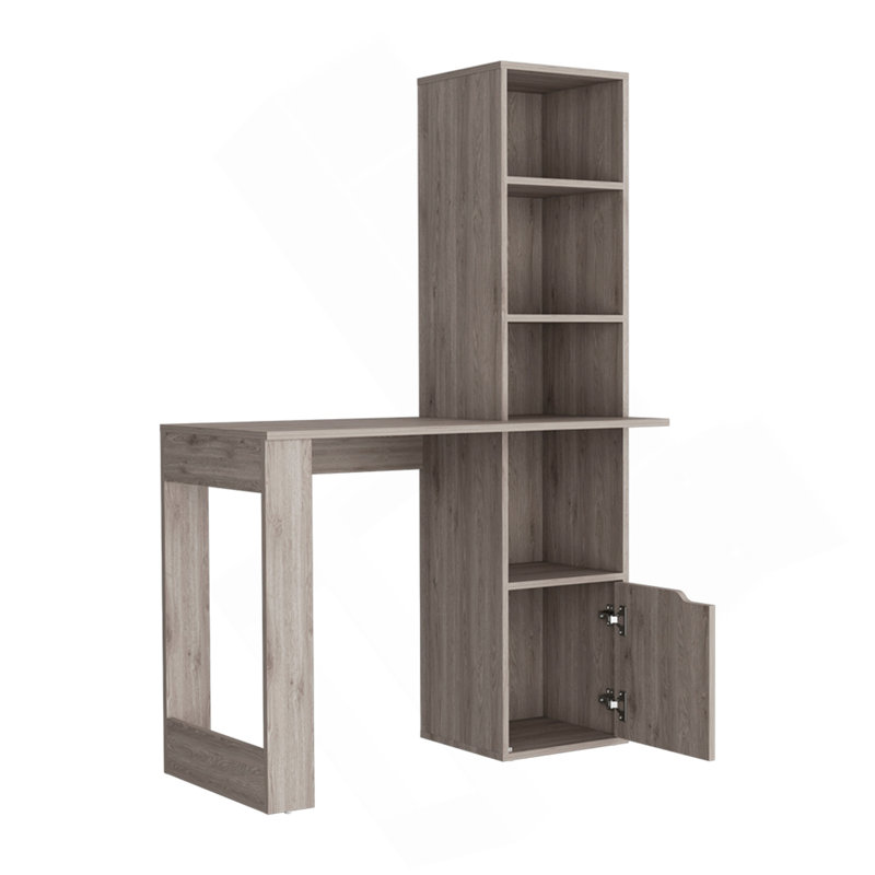 Computer Desk With Single Door Cabinet And 4-Tier Shelf Bicknell, Light Gray Finish, Light Gray