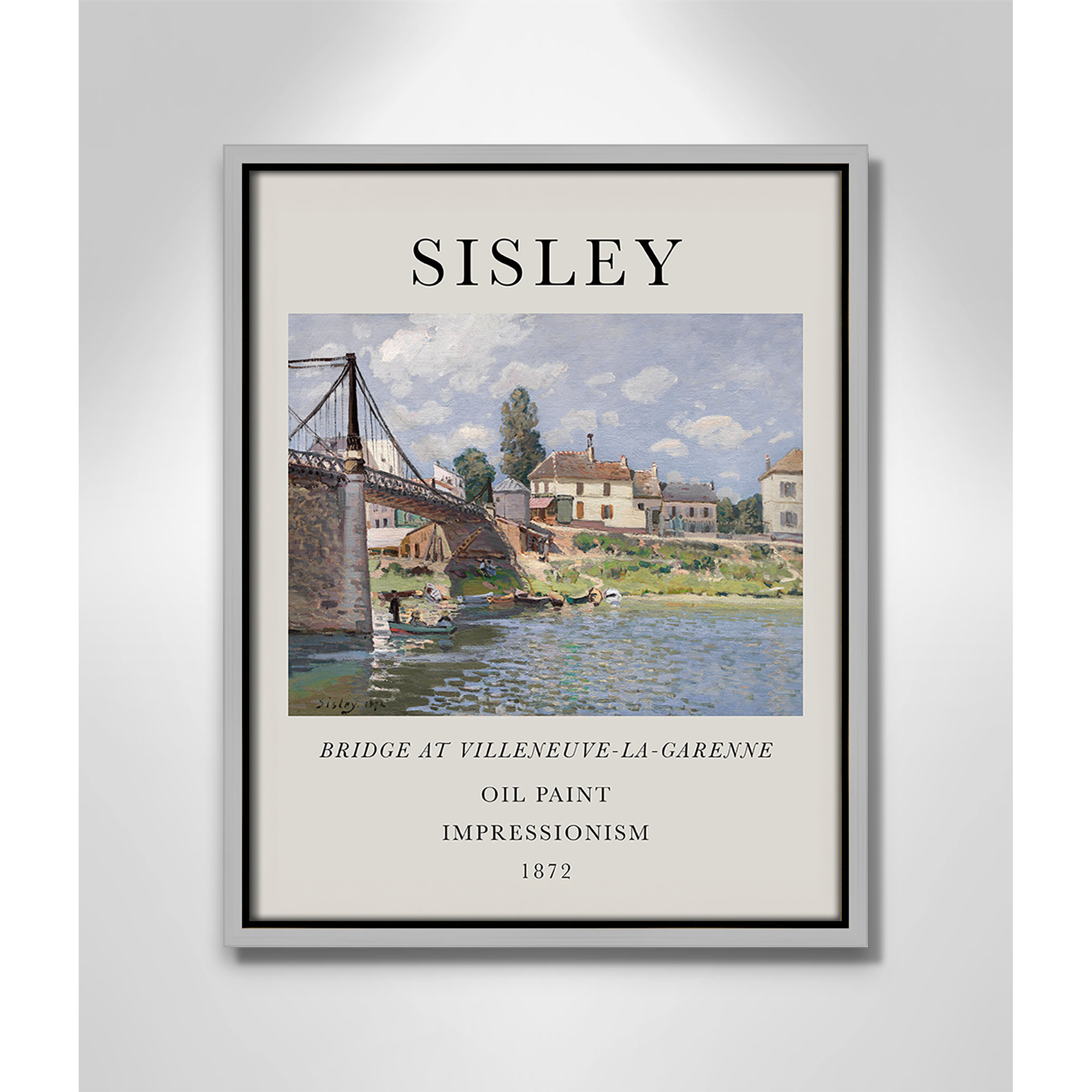 Old Masters Collection " The Bridge At Villeneuve " by Alfred Sisley, Silver Floater Frame, No, 15.5" H x 12.5" W x 2" D
