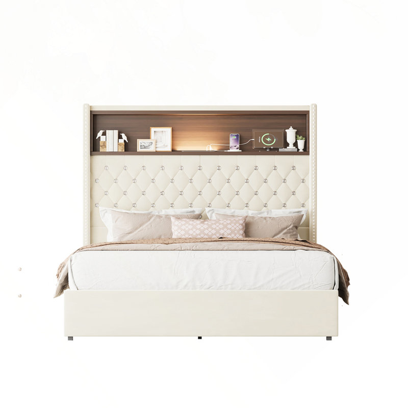 Structure de lit double capitonnée en velours, Beige