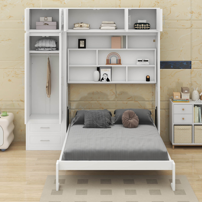 Grand lit escamotable mural avec armoire supérieure, tablettes et garde-robe, Blanc