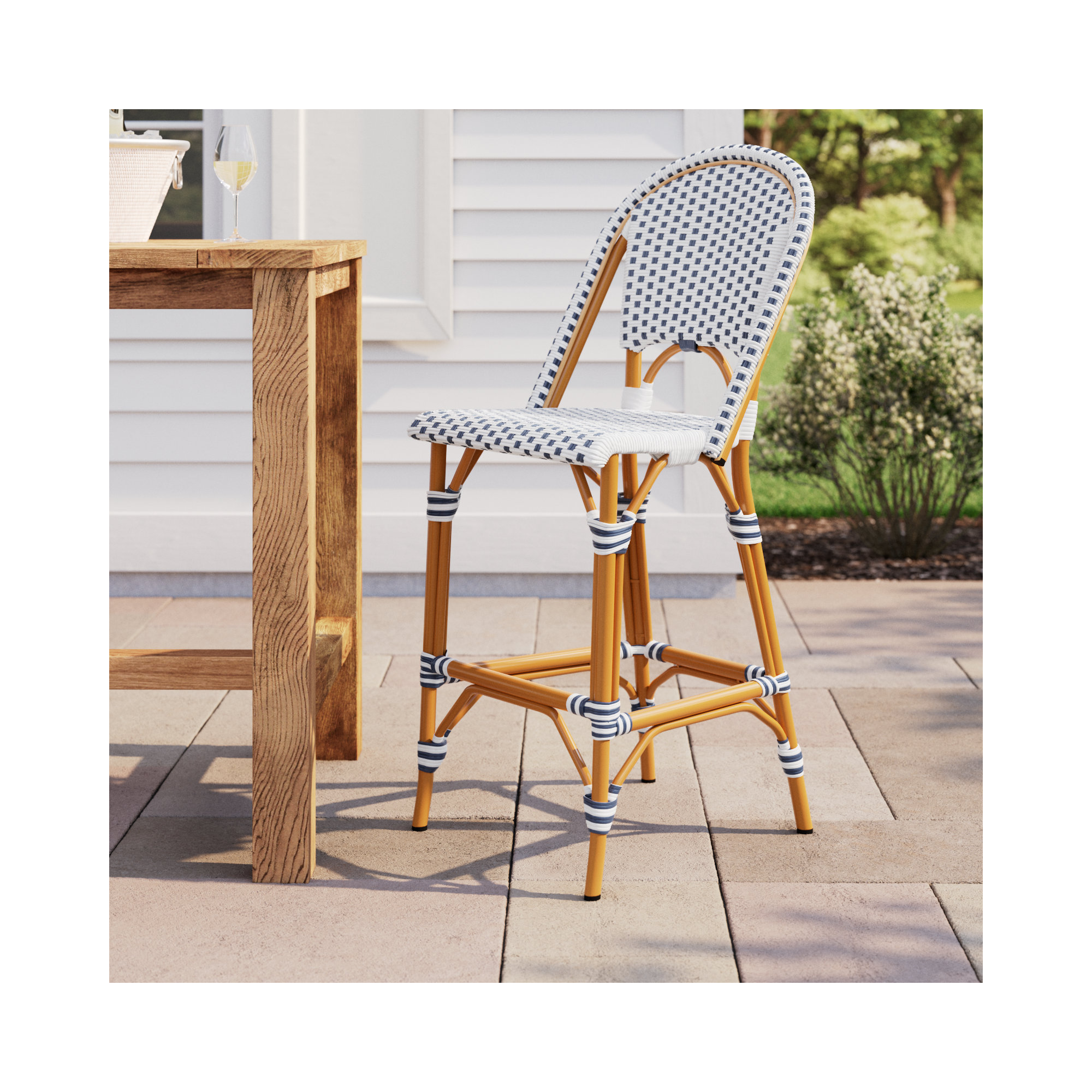 Kerta 46.5'' Outdoor Bar Stool, White/Navy