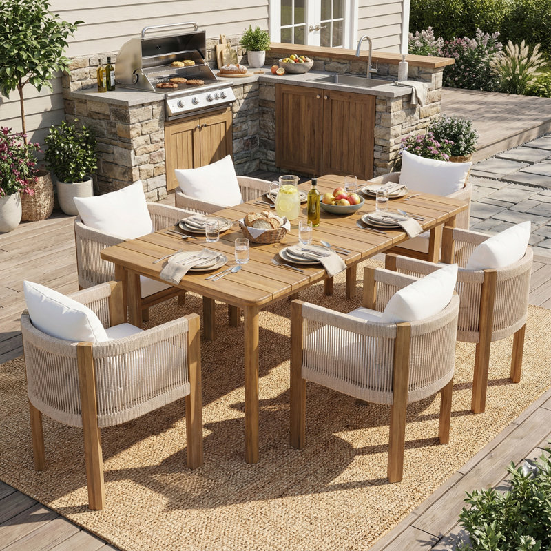 Keeton 7-Piece Modern Coastal Outdoor Dining Set With Acacia Wood Table And Rope-Wrapped Chairs With Cushions
