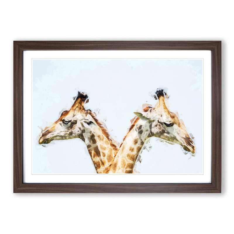 Giraffes Looking Both Ways - Picture Frame Graphic Art Print on MDF, Walnut Framed, 27cm H x 36cm W x 2cm D