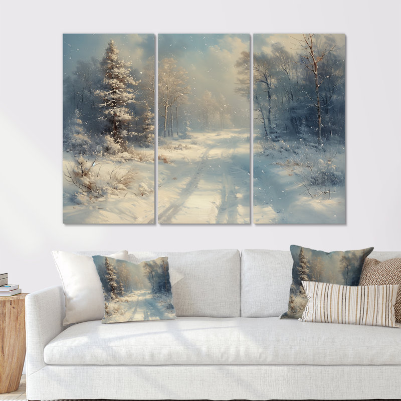 Ensemble de salon mural blanc et gris Winter Road Into Forest I - Winter Landscape, Toile tendue, H 32 po x l 16 po x P 1 po