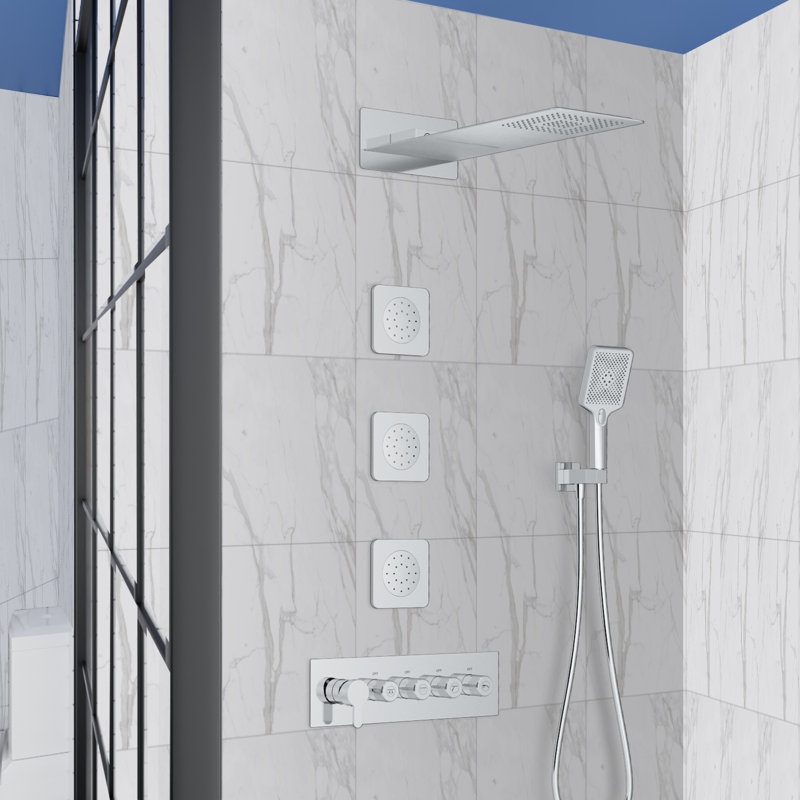Système de douche 4 fonctions de luxe avec 3 jets de corps, fixé au mur (valve brute incluse), Chrome