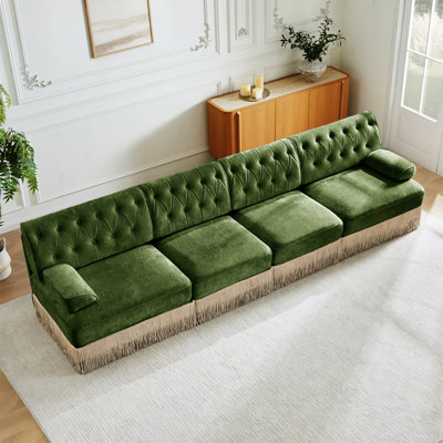 135" Soft Velvet Fabric,Button Tufted Design Chesterfield Style Sofa,Tassel Skir,Modular Combination Design,Premium Wooden Base,Easy To Assemble,High-Density High Resilience Foam,For Lounge