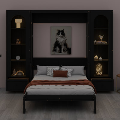 Murphy Platform Bed With Shelf, Side Cabinets, Drawers And LED