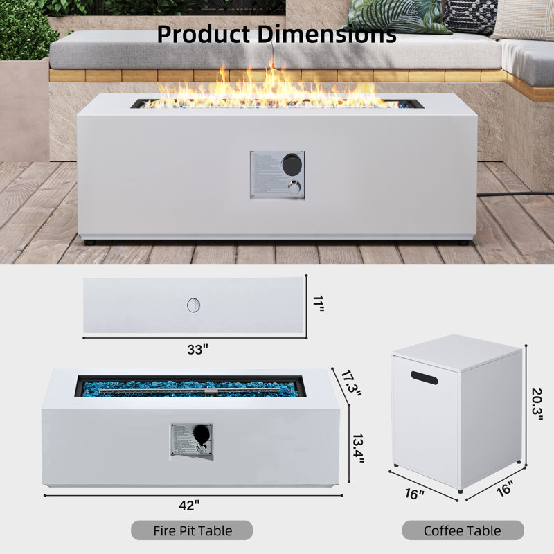 Table de foyer d'extérieur en fer au propane de 50 000 BTU avec couvercle de réservoir, couvercle, pierres en verre, Blanc