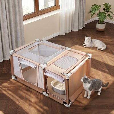 Sturdy Stainless Steel Frame Cat Playpen, 47.2x30.1x23.6 Inches, 2-in-1 Large Cat Tent with Play & Litter Areas, Breathable Mesh, Removable Bottom Pad, for Indoor Cats