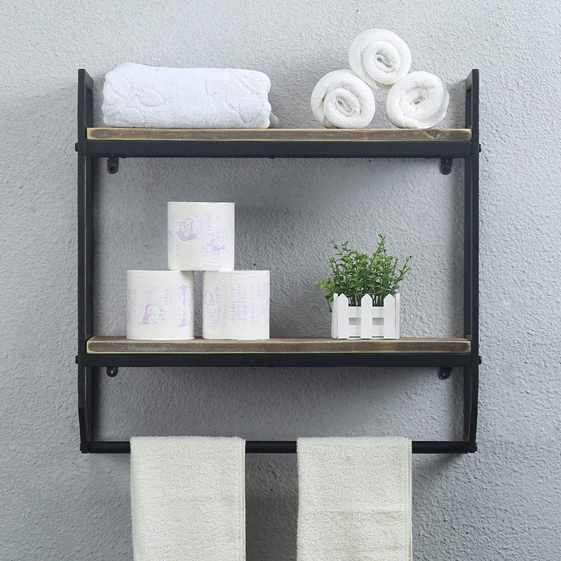 2-Tier Bathroom Shelves With Towel Bar, 24" Rustic Floating Wall Shelves, Black