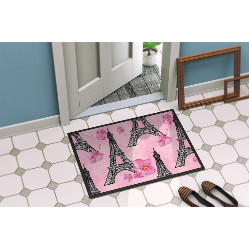 Tapis de porte d’extérieur anti-dérapant à fleurs et à la tour eiffel Ulysses, H 0,25 po x l 27 po x P 18 po