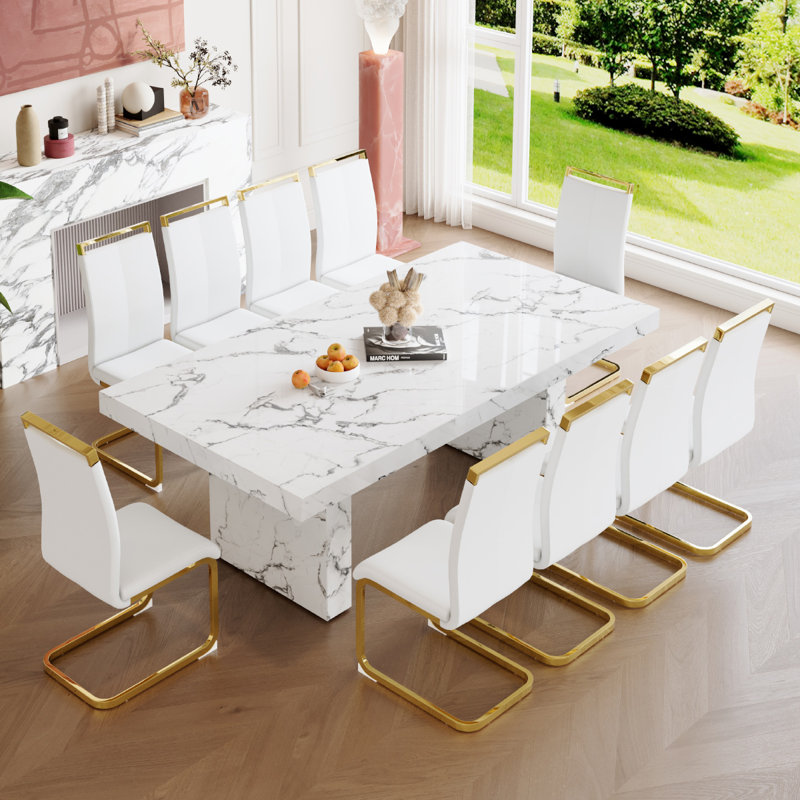 Ensemble de table de salle à manger en bois pour 10, Blanc, 11 pièces: table, 10 chaises