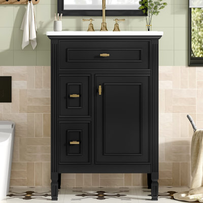 Meuble-lavabo de 24 pouces avec lavabo, armoire en bois massif et panneau de fibres à densité moyenne avec un tiroir rabattable, deux tiroirs standard et une tablette réglable, meuble-lavabo autoportant pour le rangement de la salle de bain
