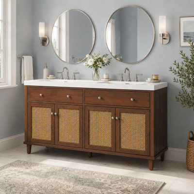 60" Double Sink Bathroom Vanity, Rattan Doors & Solid Wood Legs