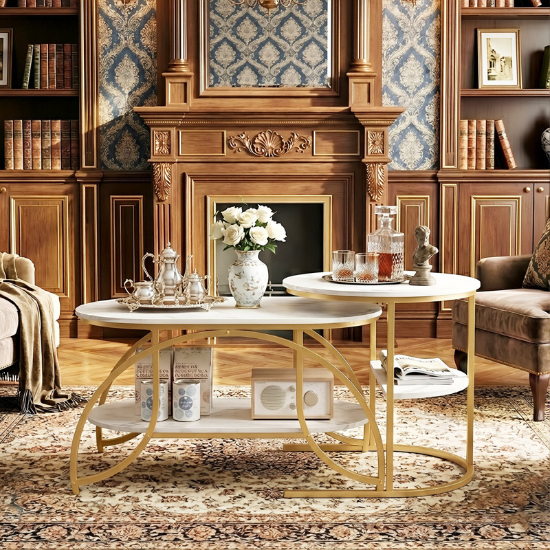 Oval & Round Nesting Coffee Tables (80+52Cm), High-Low Marble Effect Duo With 4-Tier Storage, Gold