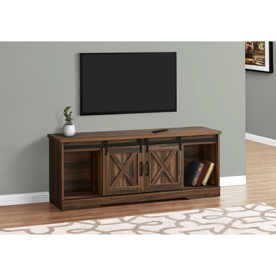 Meuble télé brun en stratifié de 60 po avec 2 portes coulissantes et rangement pour le salon, style transitionnel, armoires à tablettes larges