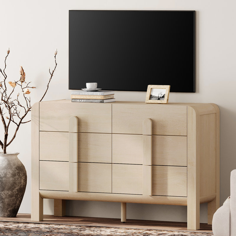 Mid Century Modern 6 Drawer Dresser TV Stand For 55 Inch TV, Entertainment Center With Curved Profile Design, Wood TV Console With Storage For Living Room