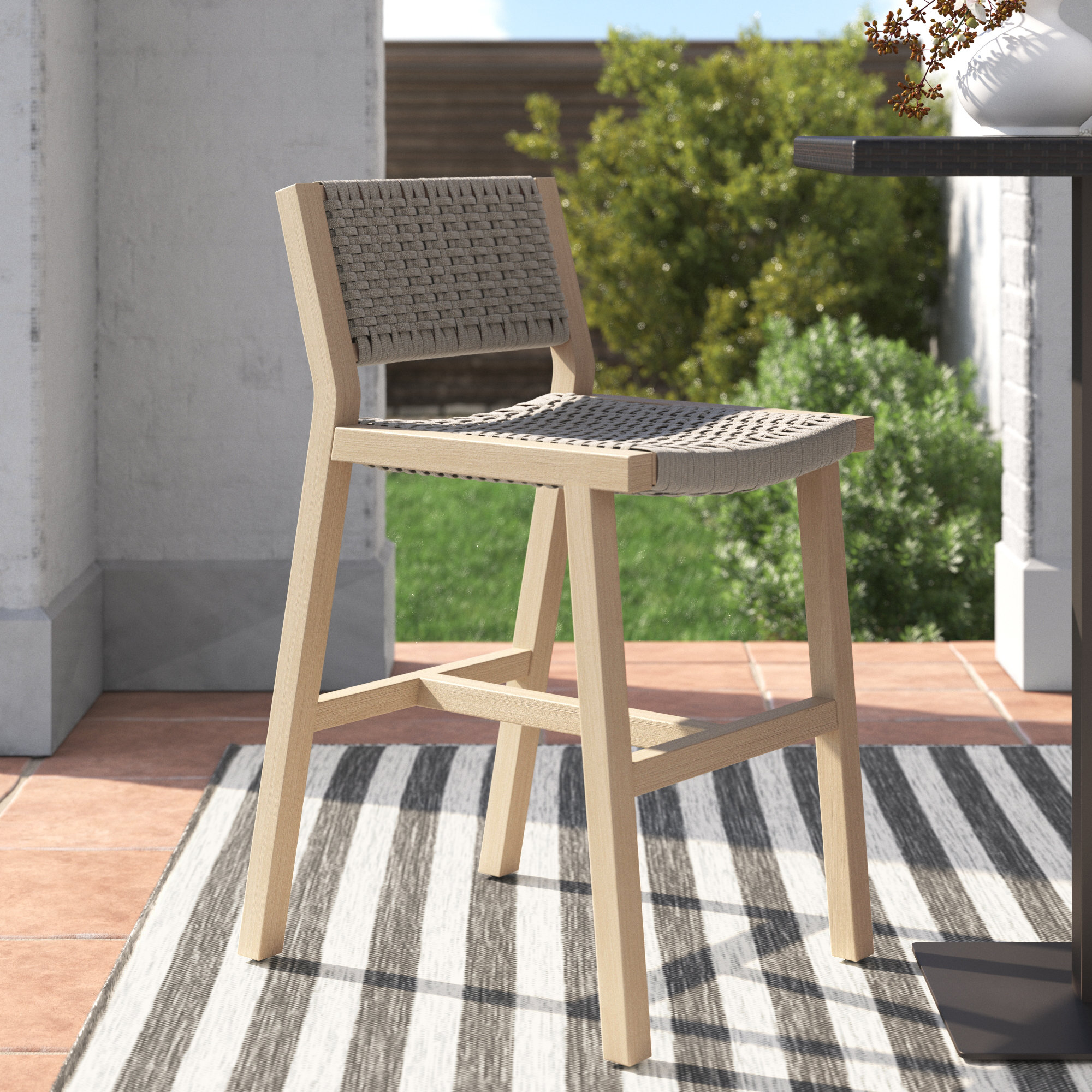 Shea Teak Outdoor Bar Stool, Counter Stool (26" Seat Height), Washed Brown, Gray Rope