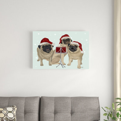 «Christmas Pug Trio Carolling» par Fab Funky - impression sur toile tendue
