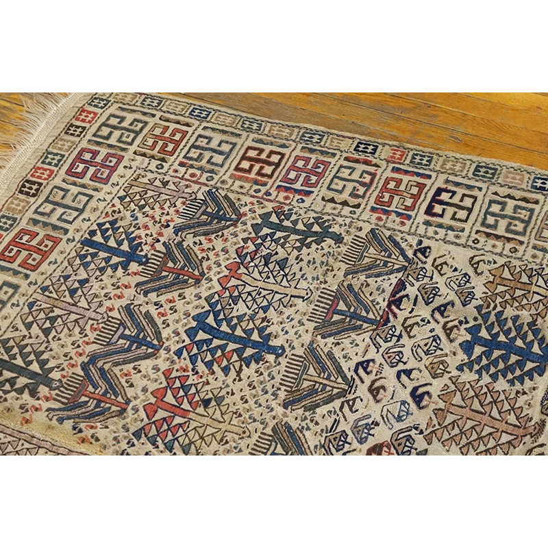 Ivory Color Antique Square Shape Tribal Geometric Caucasian Verneh Kilim Flatwoven Rug