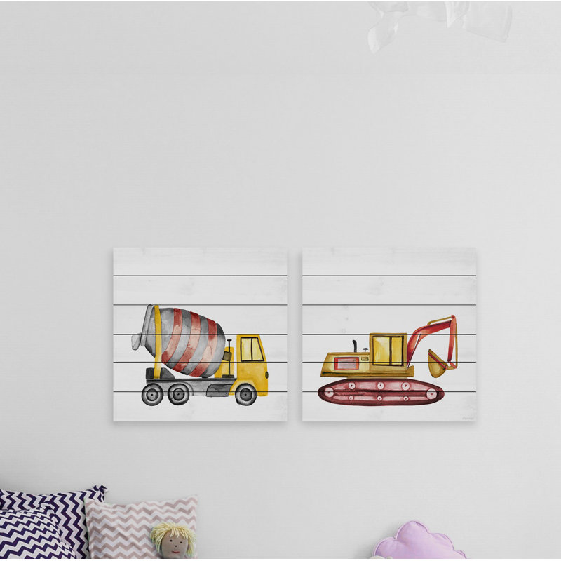 «Mixer Truck and Excavator Diptych», impression sur bois blanc 2 pièces, H 18 po x l 18 po x P 1,5 po