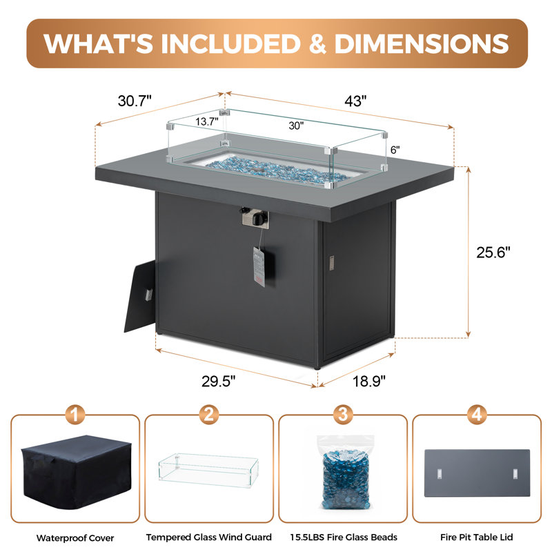 Bukovec 43" Aluminum Propane Fire Pit Table, 60,000 BTU Rectangular Outdoor Fire Table with Glass Wind Guard, Lid, Cover & NG Conversion Orifice