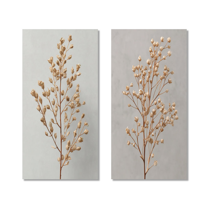 «Delicate Gold Baby Breath Flower» - ensemble de 2 impressions murales en métal verdure, 32" H x 32" W