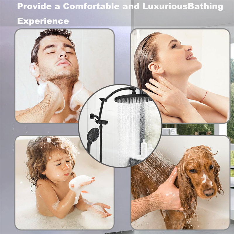 10-Inch Rainfall Shower Head With High-Pressure Handheld Spray, 16-Inch Adjustable Curved Shower Arm Extension, 7 Spray Settings, 71-Inch Hose & Sticky Shower Holder