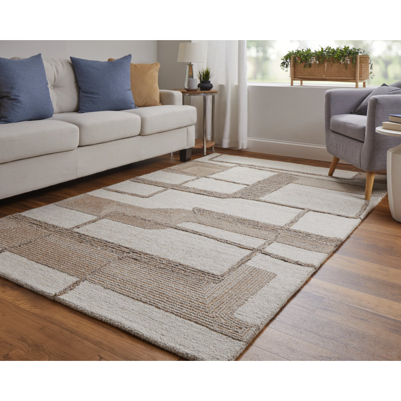 Tapis moderne géométrique, ivoire / brun / brun clair Jennae, Rectangle 3 pi 6 po x 5 pi 6 po