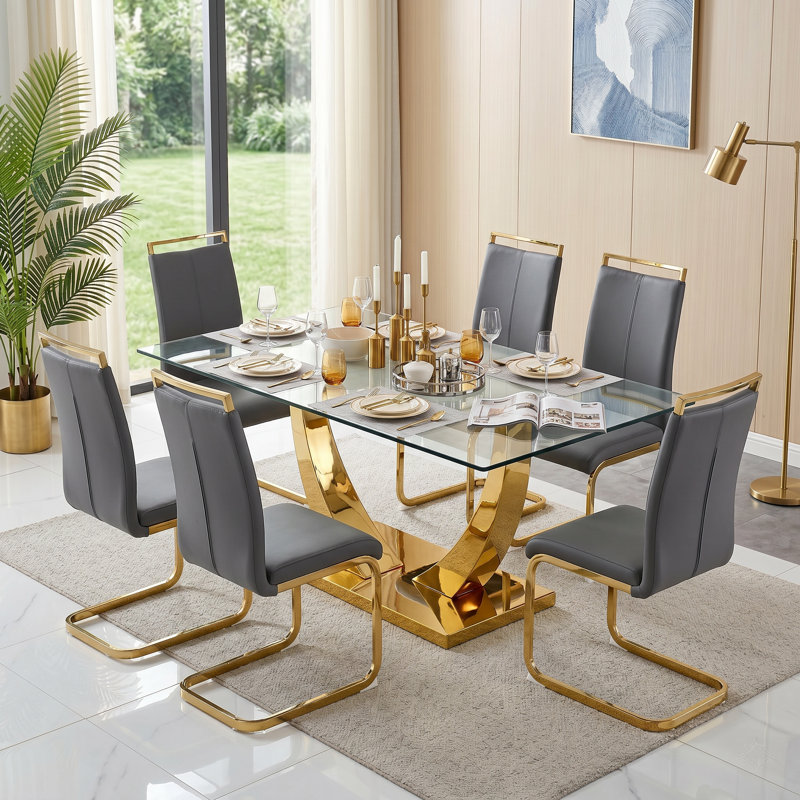 Amari Modern Faux Leather Cantilever Dining Chairs with Metal Base, Drak Gray, Gold