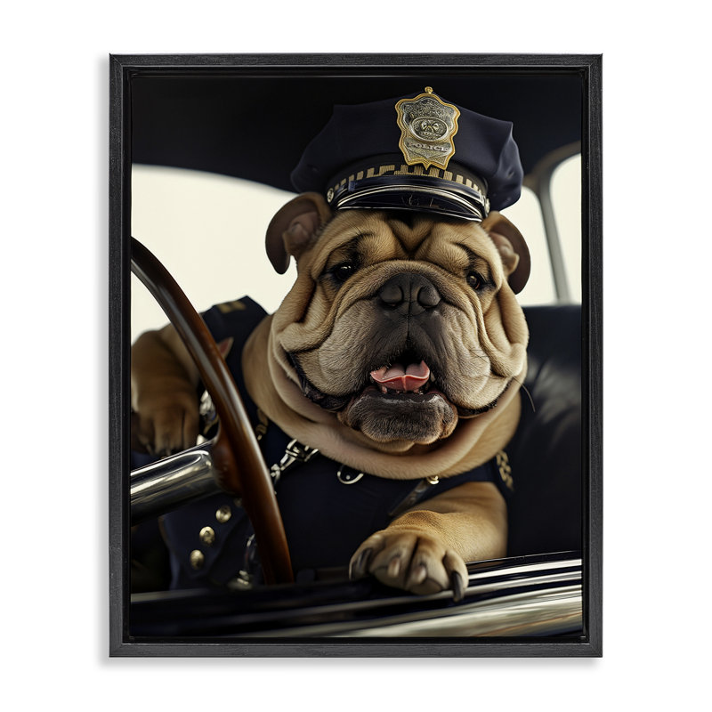 «Police Dog in Car», encadrée par Floater par Ray Heere, H 31 po x l 25 po, Cadre flottant noir de jais