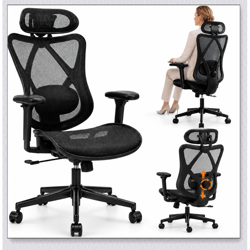Chaise de bureau ergonomique en maille à dossier haut avec soutien lombaire réglable, appui-tête et accoudoirs pour un confort d'assise optimal.