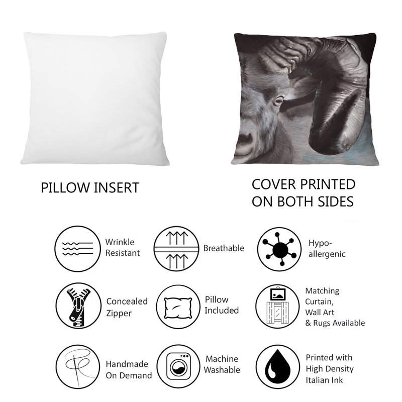 Portrait d'un bélier avec corne enroulée - Coussin décoratif imprimé nautique et côtier 1