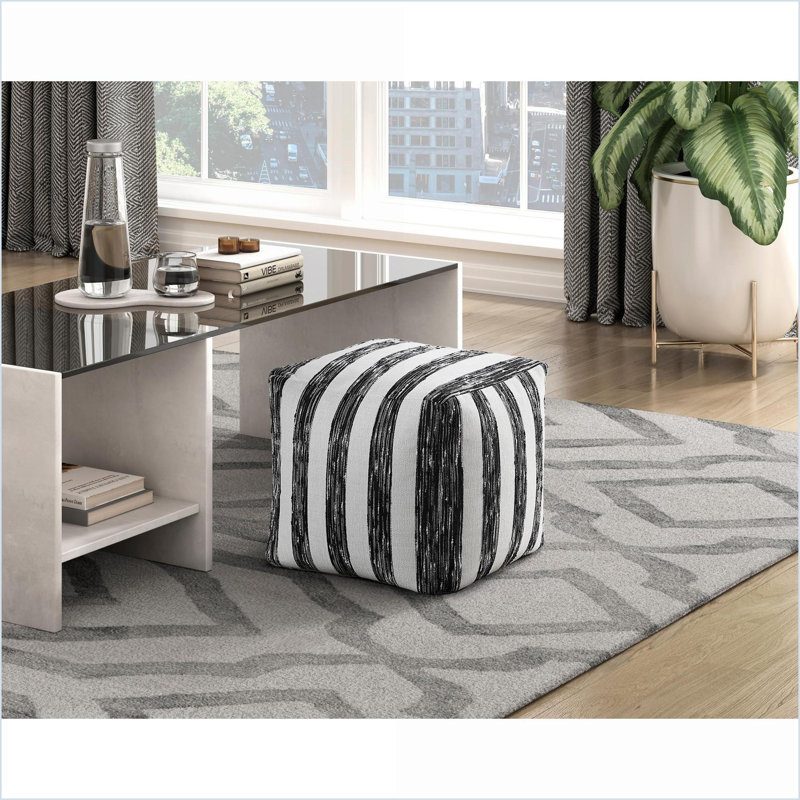 Ottoman Modern Black and White Striped Fabric Pouf, Non-Slip Bean Bag Chair 16x16x16" | Black and White | Textile