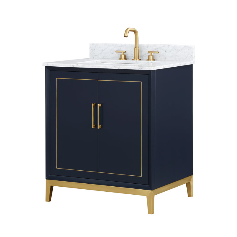 Ensemble de meuble-lavabo simple 30 po Gracie, Bleu pacifique, Laiton satiné, Marbre de Carrare