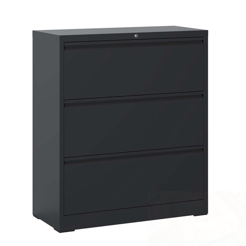 Wide Metal File Cabinet With 3 Drawers And Lock, Black
