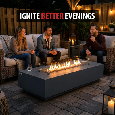 Savanah 72" Rectangular Concrete Outdoor Fire Pit Table with Lava Rocks & Protective Cover