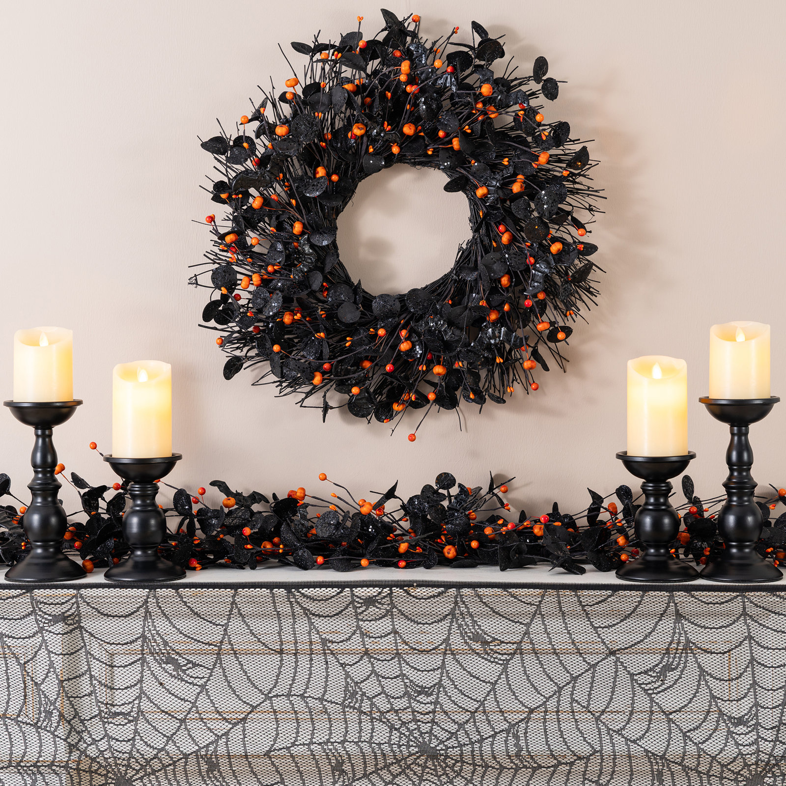 72.00"L Halloween Eucalyptus Pumpkin Bat Garland