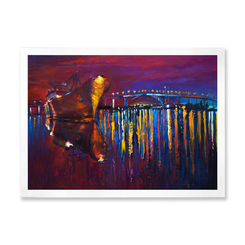 «Purple Cargo Ship In Cities», reproduction d'art sur toile encadrée, Cadre photo blanc, H 24 po x l 36 po x P 1 po
