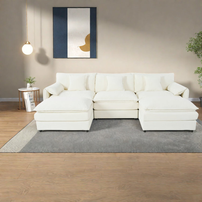 Spacious U-shaped Modular Sofas, Chenille Beige Couch For Modern Living
