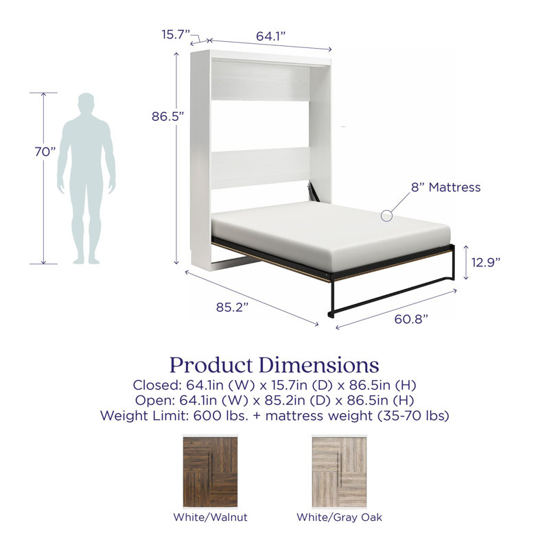 Grand lit escamotable Tapaktuan avec matelas et façade décorative, Chêne gris