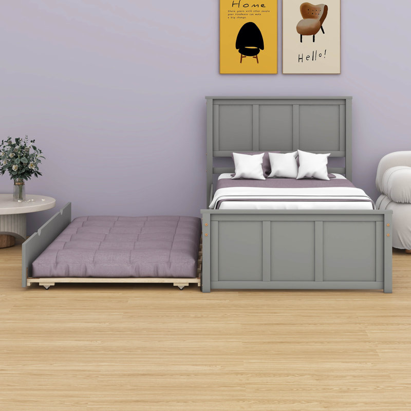 Lit plateforme simple en bois massif avec lit gigogne et tête de lit, Gris